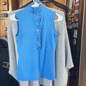 Tory Burch Women’s Sleeveless Ruffle Mock Neck Top XS Blue Logo Buttons